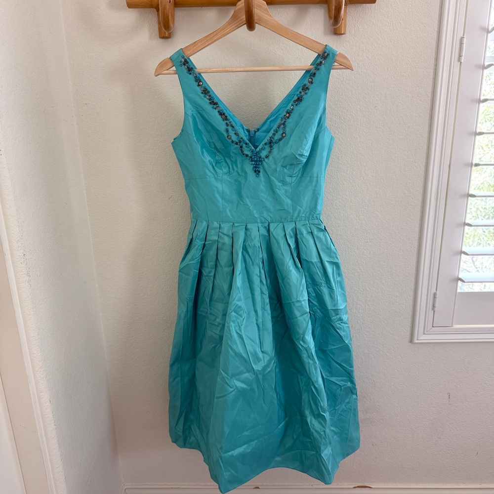 Rickie Freeman Teri Jon 100% silk light blue midi dress crystal neckline fairy